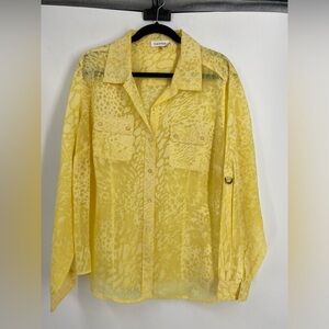 Calvin Klein Cheerful Yellow Button down blouse with sheer animal print, size 1X